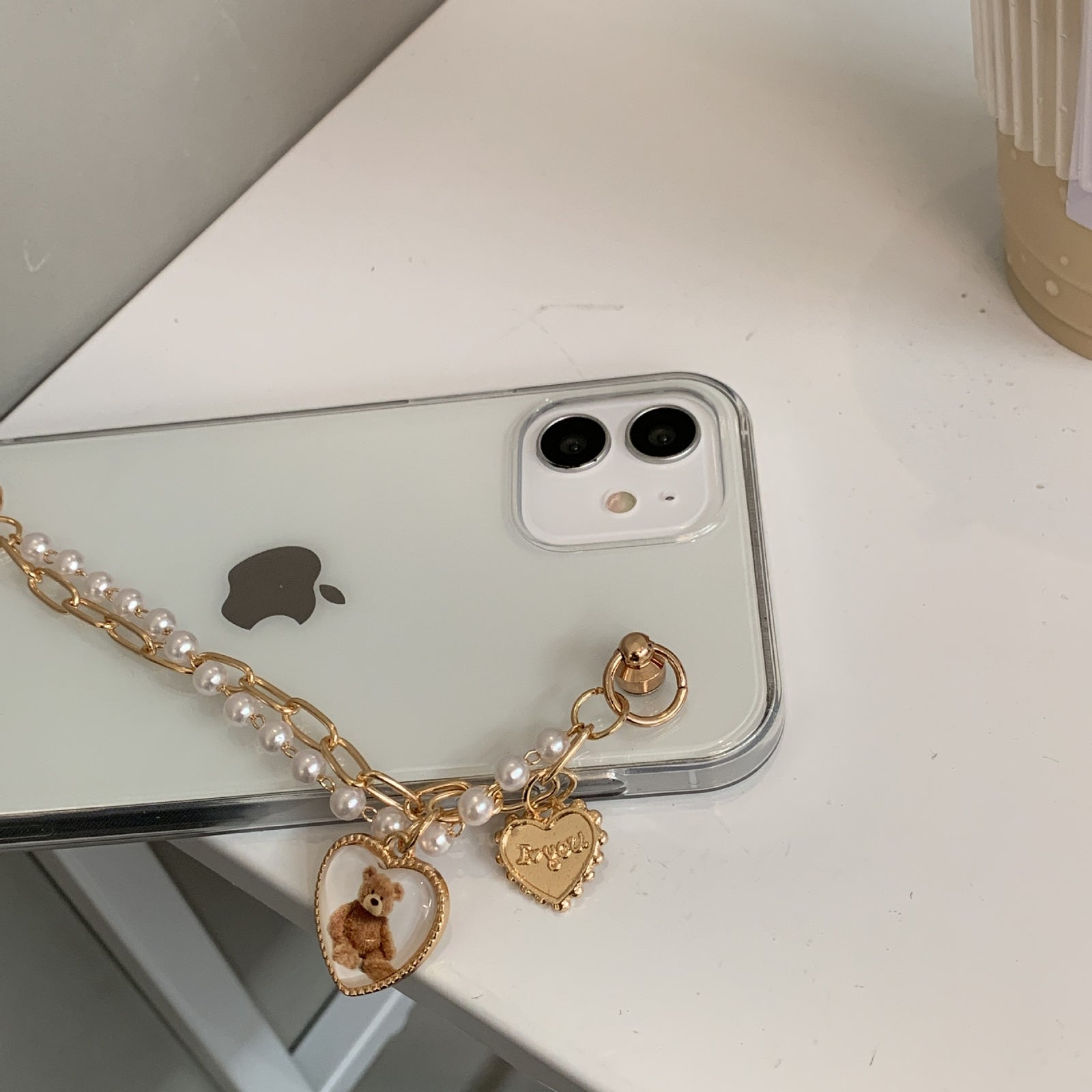 Retro Heart Teddy Pearl Chain iPhone Case