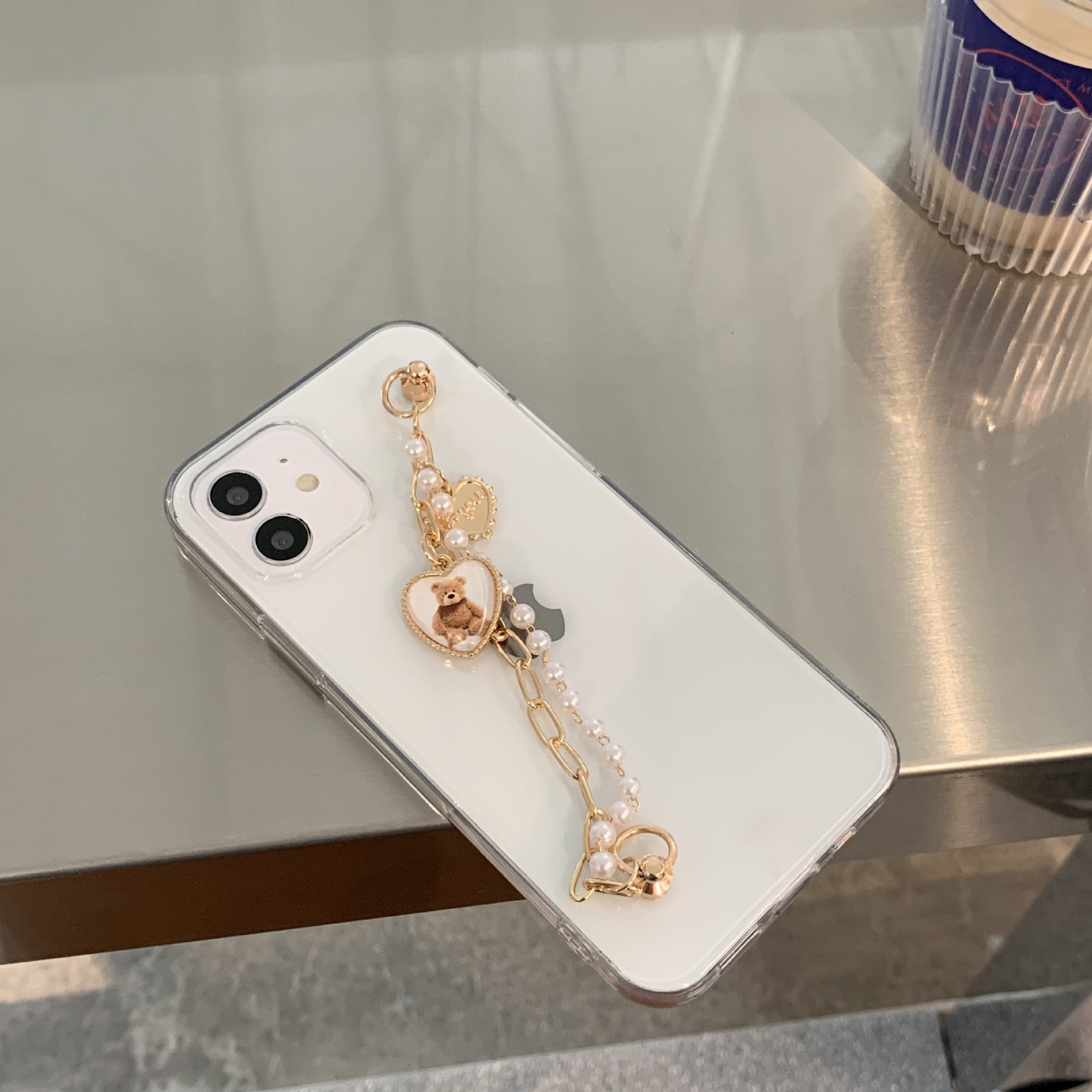 Retro Heart Teddy Pearl Chain iPhone Case