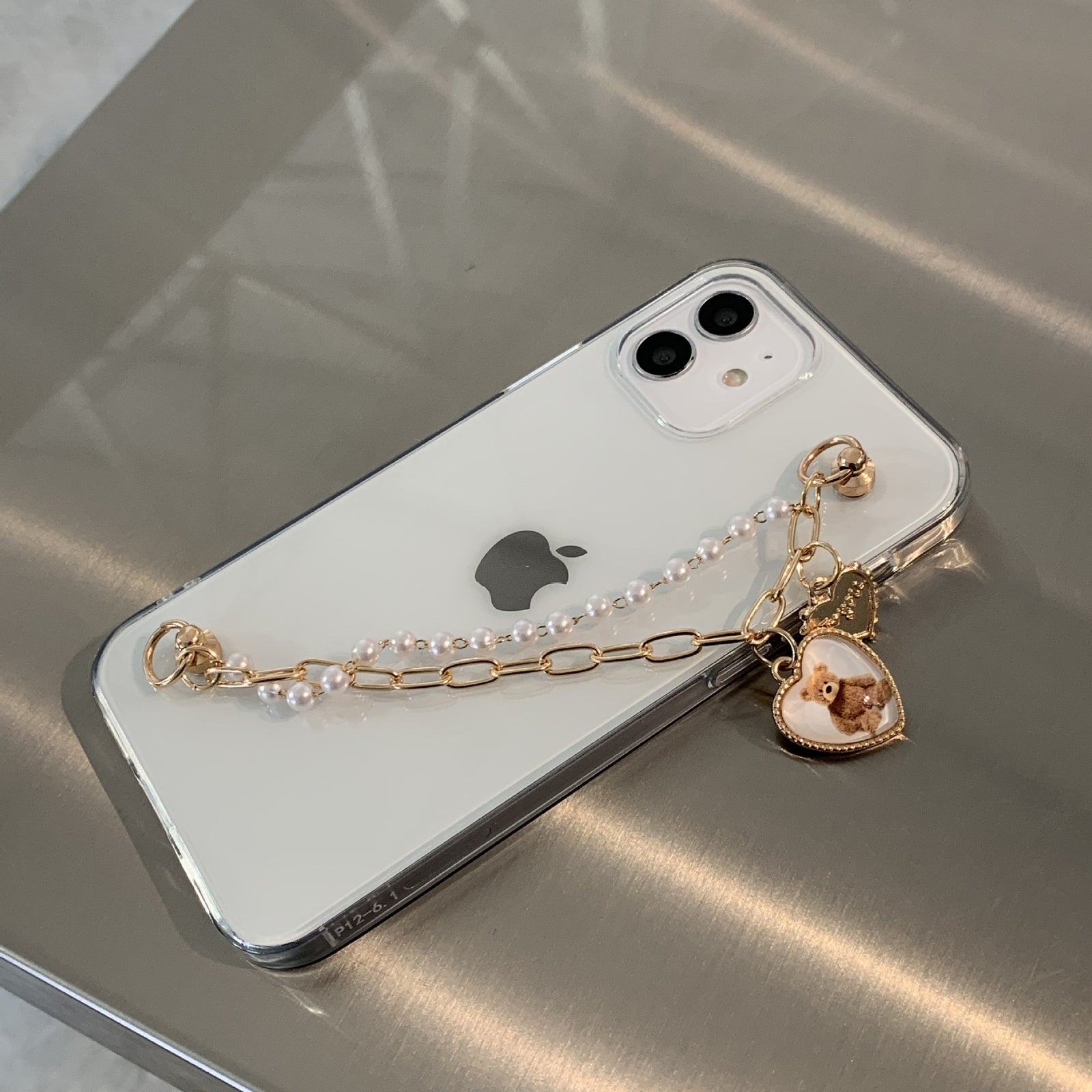 Retro Heart Teddy Pearl Chain iPhone Case