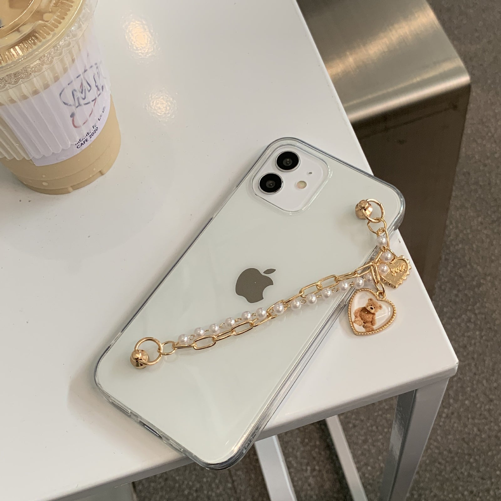 Retro Heart Teddy Pearl Chain iPhone Case