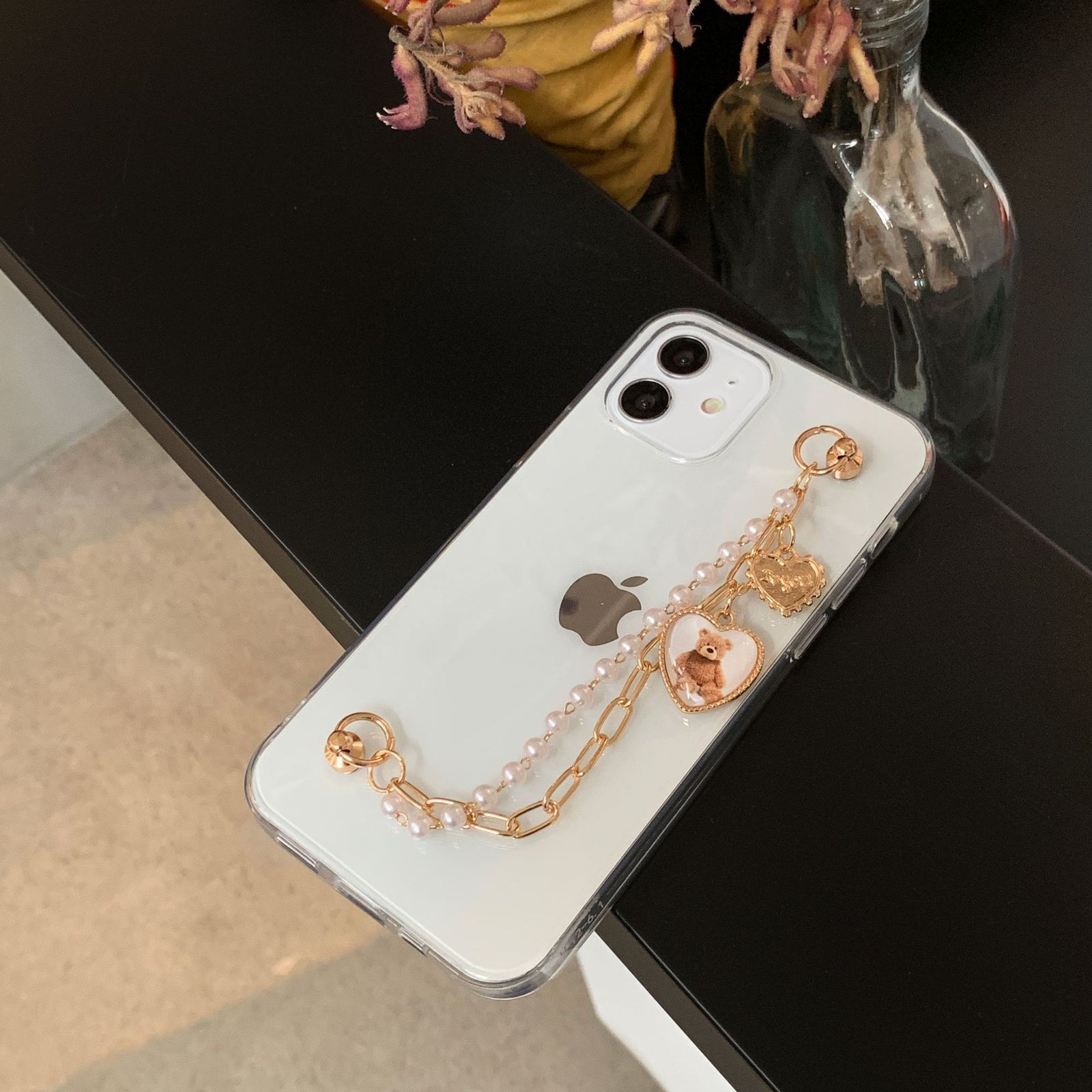 Retro Heart Teddy Pearl Chain iPhone Case