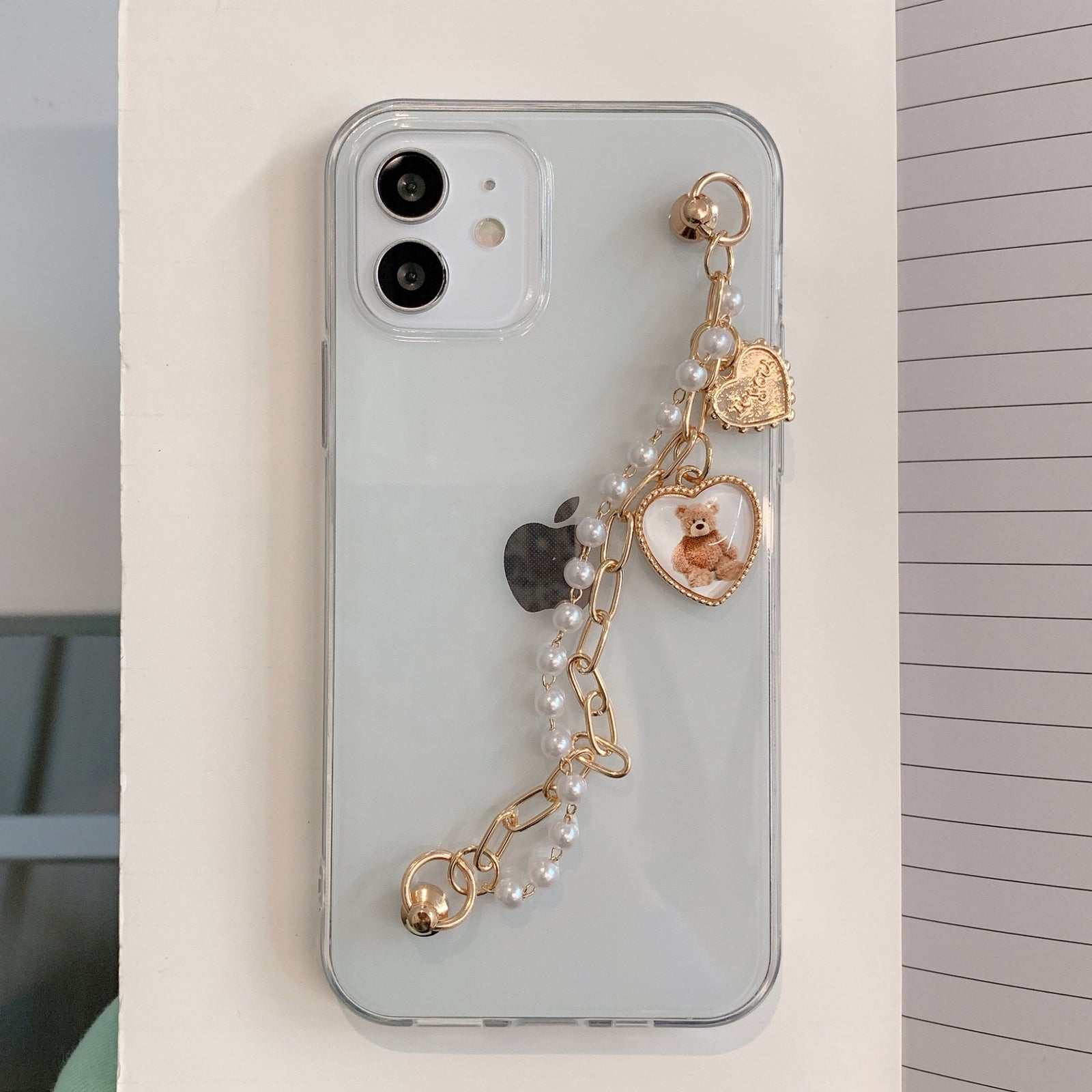 Retro Heart Teddy Pearl Chain iPhone Case