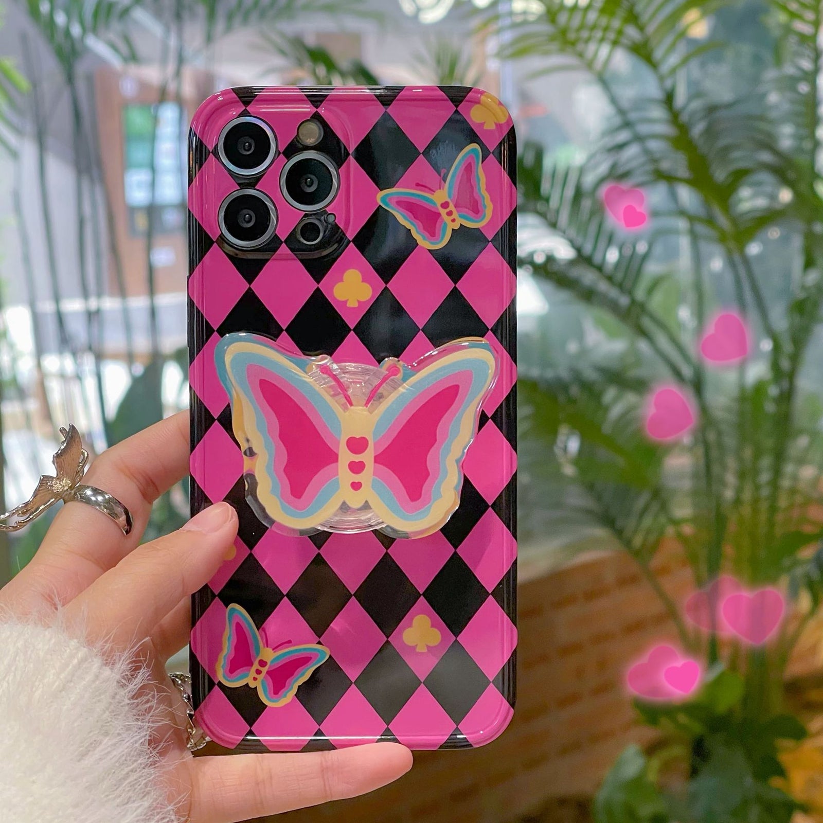 Black Pink Argyle Butterfly Pop Socket Case