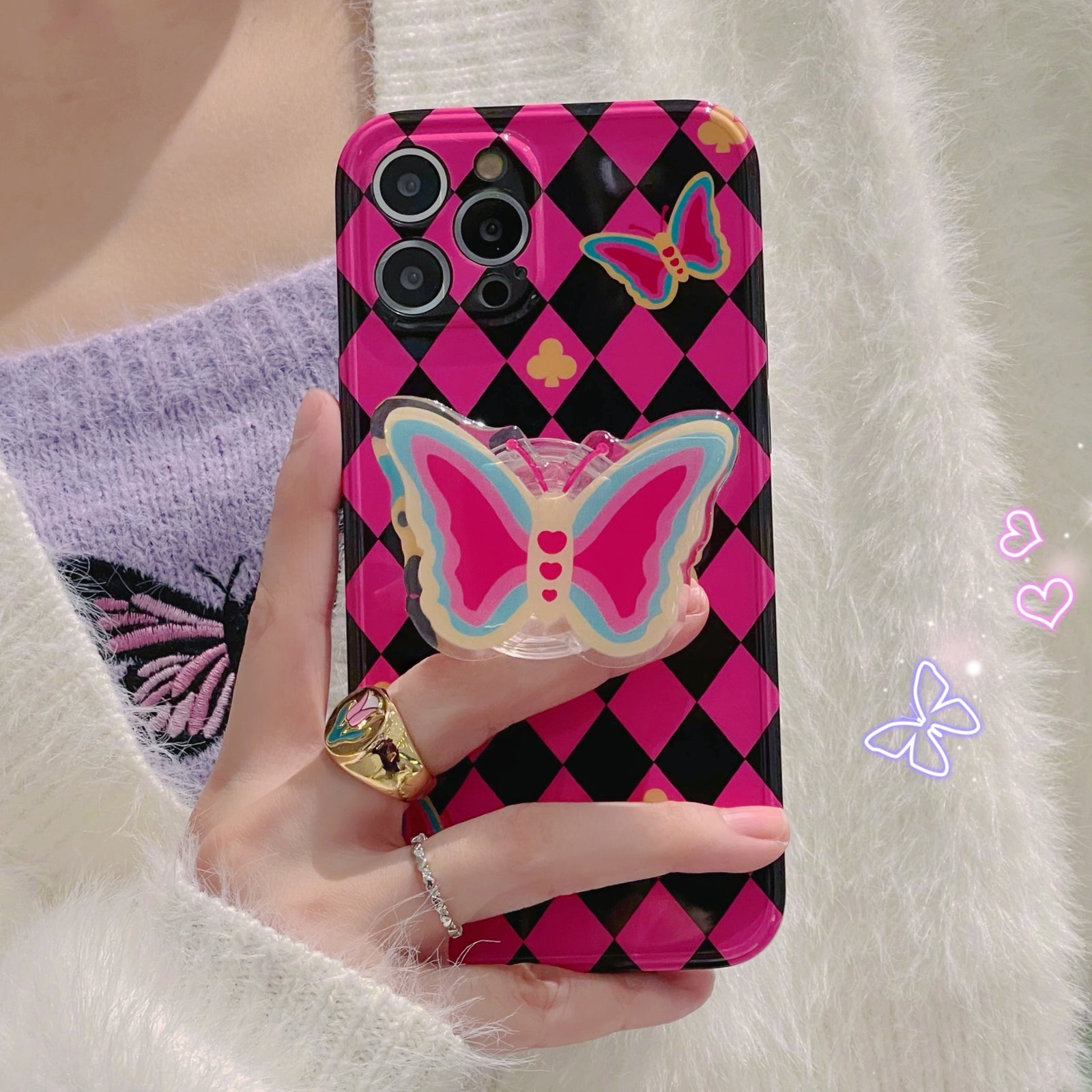 Black Pink Argyle Butterfly Pop Socket Case